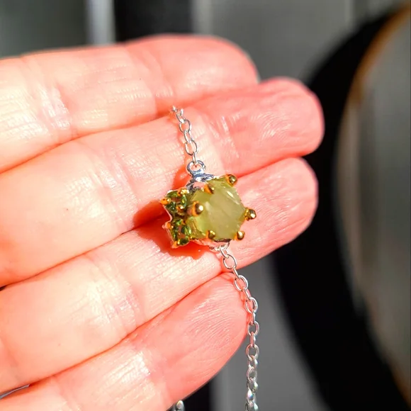 Large 10k RAW Natural Aquamarine & Peridot sterling & gold bracelet 8" - Picture 1 of 8